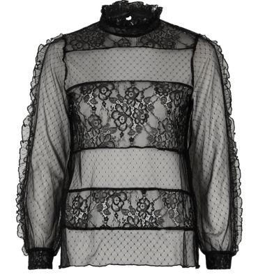 Black lace and dobby mesh panel top